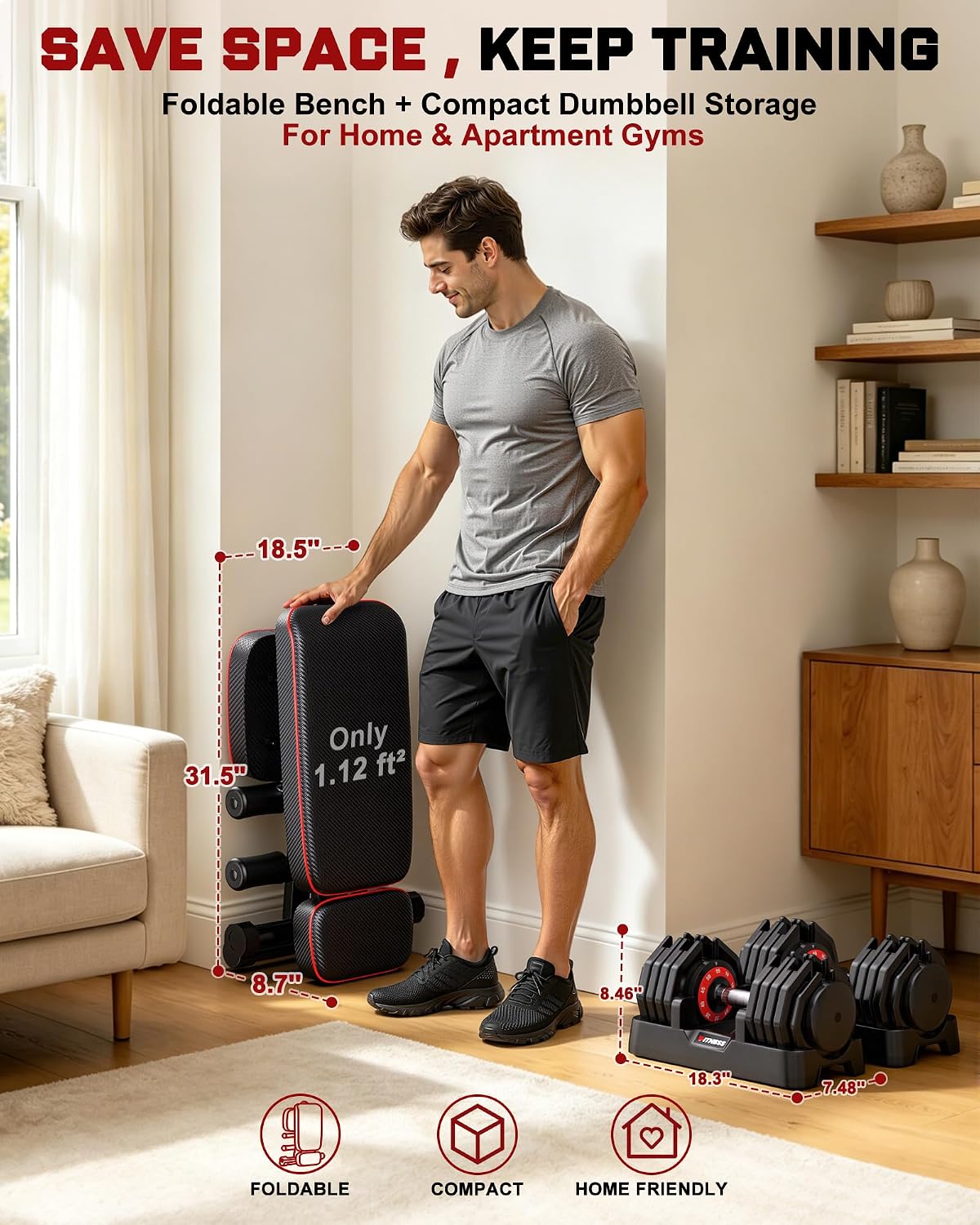 Adjustable Dumbbells Set of 2, 1 Hand Adjustable Weights Dumbbell Set and Workout Bench, 25/55/80lb Pair Weight Set For Home Gym Suit both Men and Women, Compact for Small Space Apartment Room