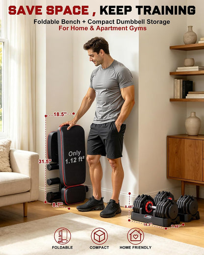 Adjustable Dumbbells Set of 2, 1 Hand Adjustable Weights Dumbbell Set and Workout Bench, 25/55/80lb Pair Weight Set For Home Gym Suit both Men and Women, Compact for Small Space Apartment Room