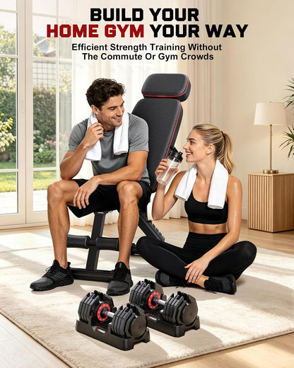 Adjustable Dumbbells Set of 2, 1 Hand Adjustable Weights Dumbbell Set and Workout Bench, 25/55/80lb Pair Weight Set For Home Gym Suit both Men and Women, Compact for Small Space Apartment Room