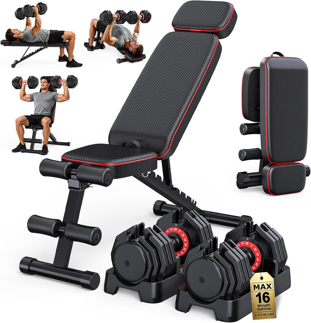 Adjustable Dumbbells Set of 2, 1 Hand Adjustable Weights Dumbbell Set and Workout Bench, 25/55/80lb Pair Weight Set For Home Gym Suit both Men and Women, Compact for Small Space Apartment Room