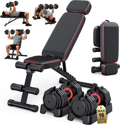 Adjustable Dumbbells Set of 2, 1 Hand Adjustable Weights Dumbbell Set and Workout Bench, 25/55/80lb Pair Weight Set For Home Gym Suit both Men and Women, Compact for Small Space Apartment Room