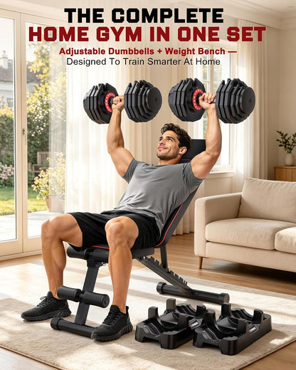 Adjustable Dumbbells Set of 2, 1 Hand Adjustable Weights Dumbbell Set and Workout Bench, 25/55/80lb Pair Weight Set For Home Gym Suit both Men and Women, Compact for Small Space Apartment Room
