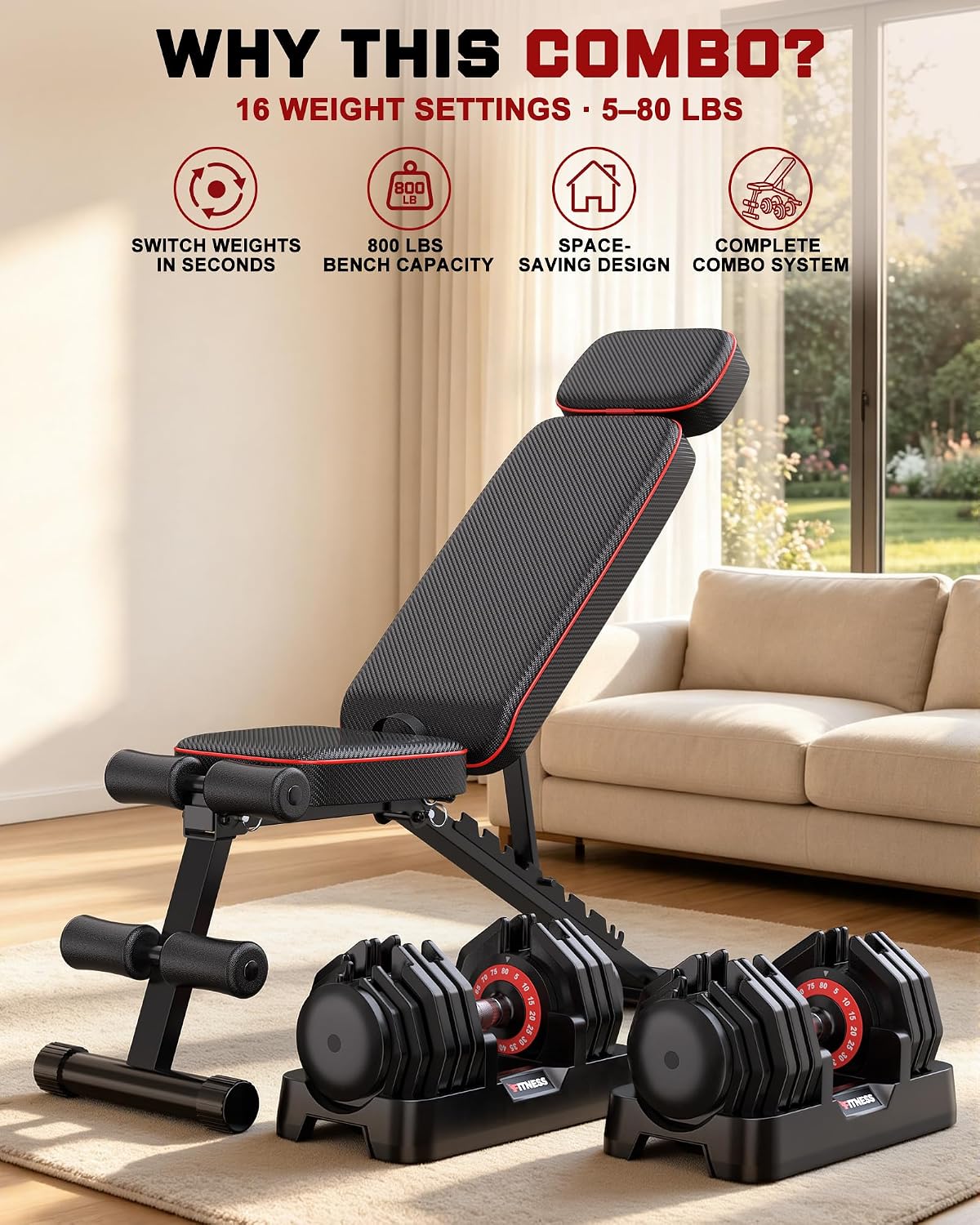 Adjustable Dumbbells Set of 2, 1 Hand Adjustable Weights Dumbbell Set and Workout Bench, 25/55/80lb Pair Weight Set For Home Gym Suit both Men and Women, Compact for Small Space Apartment Room