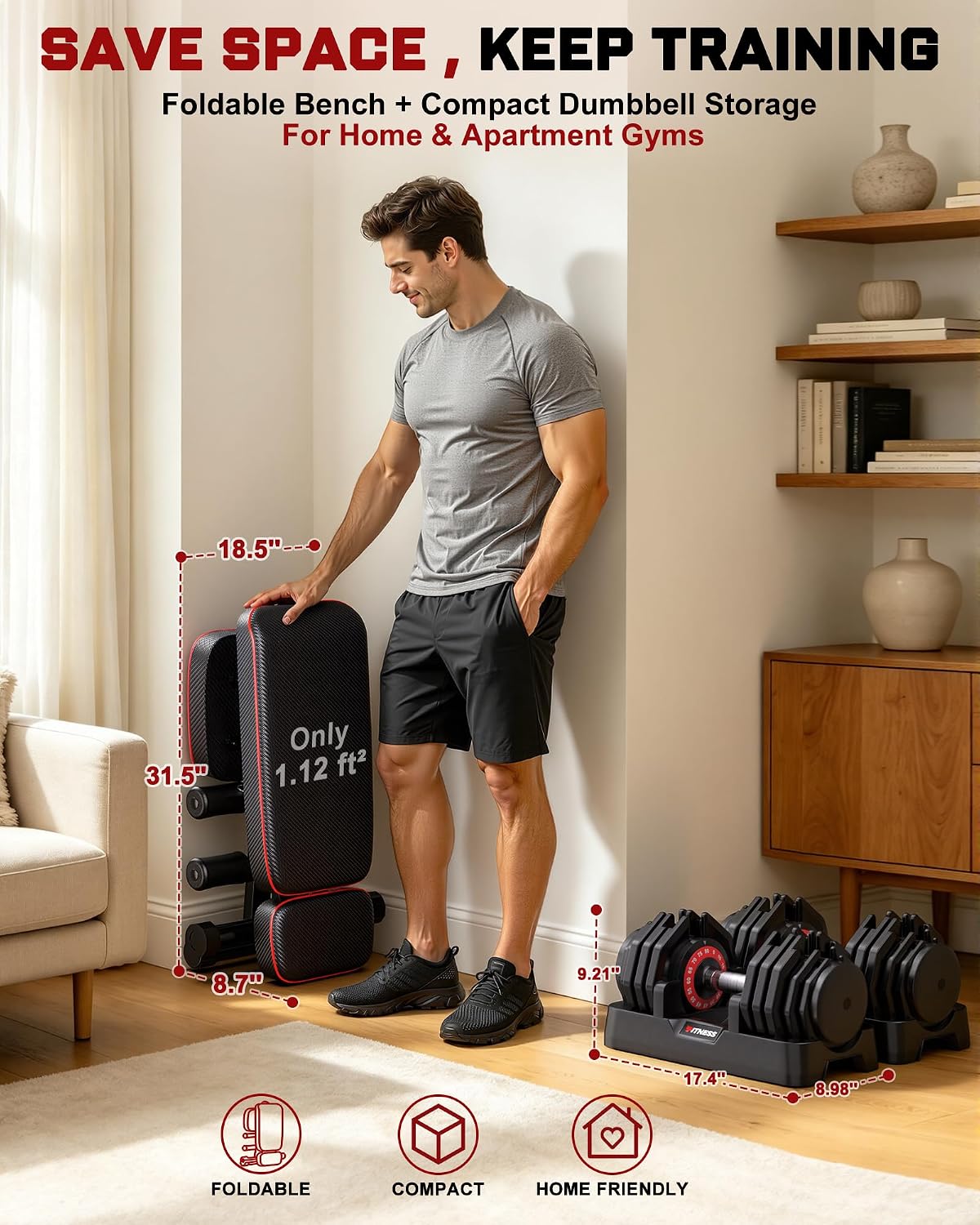 Adjustable Dumbbells Set of 2, 1 Hand Adjustable Weights Dumbbell Set and Workout Bench, 25/55/80lb Pair Weight Set For Home Gym Suit both Men and Women, Compact for Small Space Apartment Room