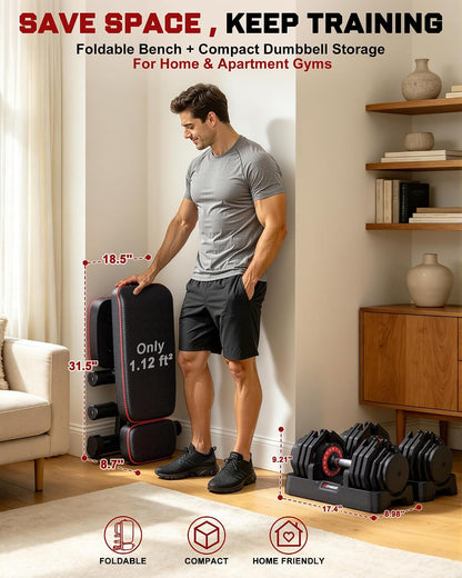 Adjustable Dumbbells Set of 2, 1 Hand Adjustable Weights Dumbbell Set and Workout Bench, 25/55/80lb Pair Weight Set For Home Gym Suit both Men and Women, Compact for Small Space Apartment Room