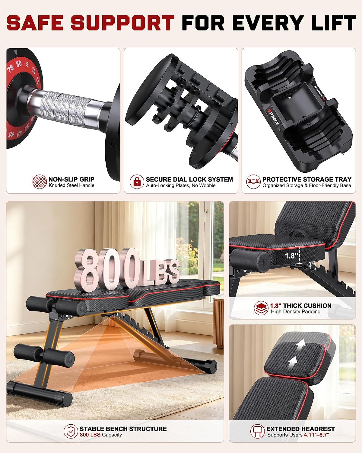 Adjustable Dumbbells Set of 2, 1 Hand Adjustable Weights Dumbbell Set and Workout Bench, 25/55/80lb Pair Weight Set For Home Gym Suit both Men and Women, Compact for Small Space Apartment Room