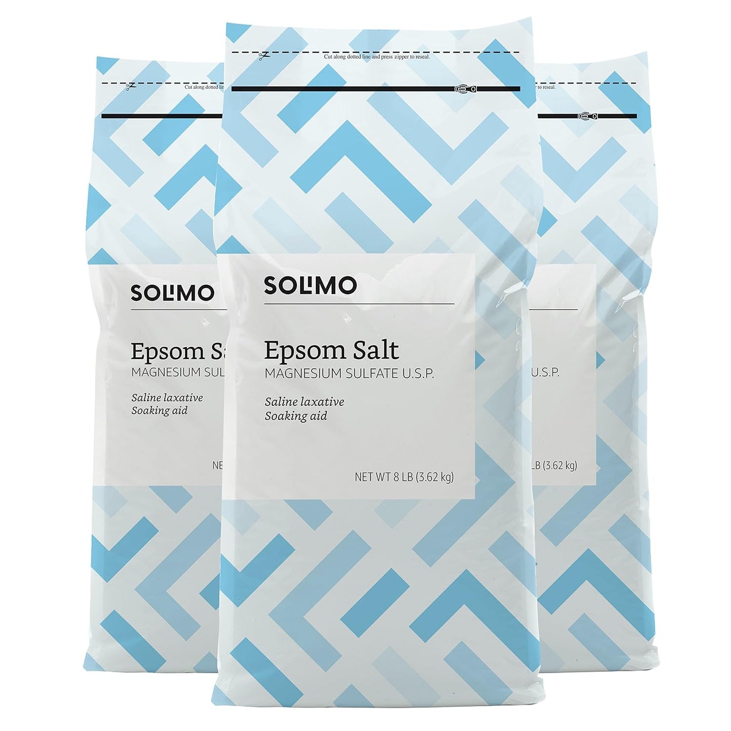 Epsom Salt Soak, Magnesium Sulfate USP, Relaxing Bath Soaking Aid, Unscented, 8 Pound, Pack of 3, Resealable Bags