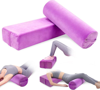 2 PCS Yoga Bolster Pillow Set Washable Velvet Cover Meditation Bolster with High Density Foam and Carry Handle Rectangular and Cylinder Bolsters for Restorative Yoga