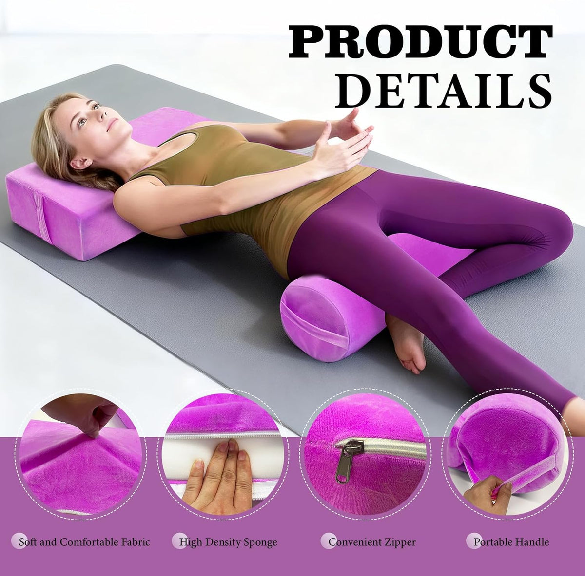 2 PCS Yoga Bolster Pillow Set Washable Velvet Cover Meditation Bolster with High Density Foam and Carry Handle Rectangular and Cylinder Bolsters for Restorative Yoga