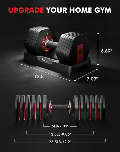 Mikolo Hex Cageless Adjustable Dumbbell Set of 2, 26.5lbs Pair Weights Dumbbell Set with Storage Box, 6-in-1 Adjustable Weights with Anti-slip Grip, Weight Set For Home Gym Suit both Men and Women