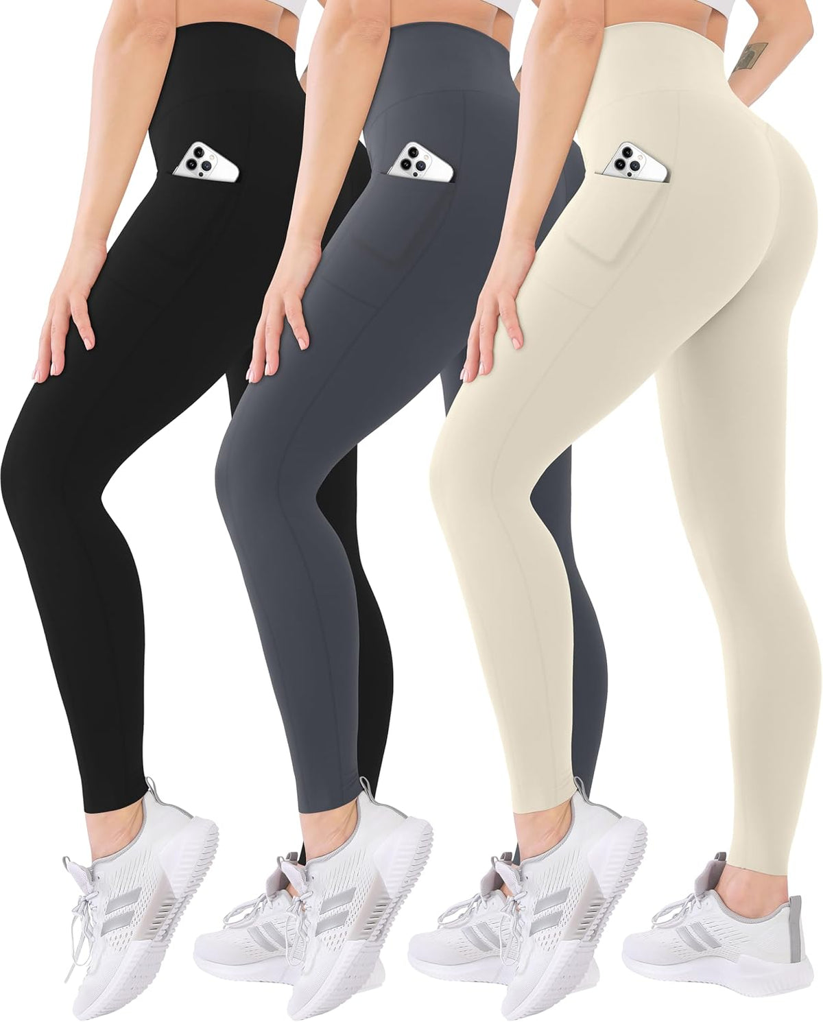 3 Pack High Waisted Leggings for Women with Pockets Soft Active Tummy Control Pants for Yoga Running & Daily Wear