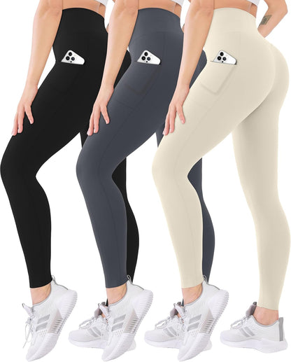3 Pack High Waisted Leggings for Women with Pockets Soft Active Tummy Control Pants for Yoga Running & Daily Wear