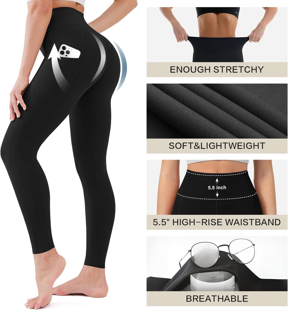 3 Pack High Waisted Leggings for Women with Pockets Soft Active Tummy Control Pants for Yoga Running & Daily Wear