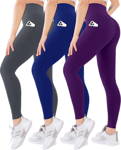 3 Pack High Waisted Leggings for Women with Pockets Soft Active Tummy Control Pants for Yoga Running & Daily Wear