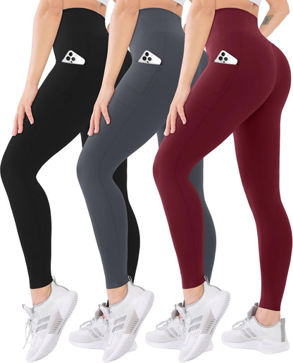 3 Pack High Waisted Leggings for Women with Pockets Soft Active Tummy Control Pants for Yoga Running & Daily Wear