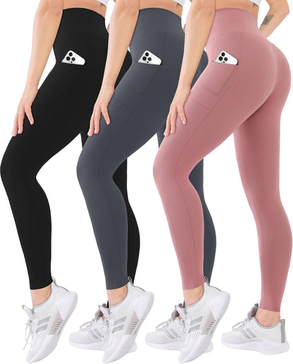 3 Pack High Waisted Leggings for Women with Pockets Soft Active Tummy Control Pants for Yoga Running & Daily Wear