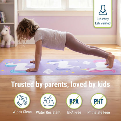 Kids Yoga Mat – Extra Thick Non-Slip Exercise Mat for Boys & Girls, Lightweight and Water Resistant, Ideal for Home Yoga, Gym Class & Stretching, Easy to Clean, Ages 3–7