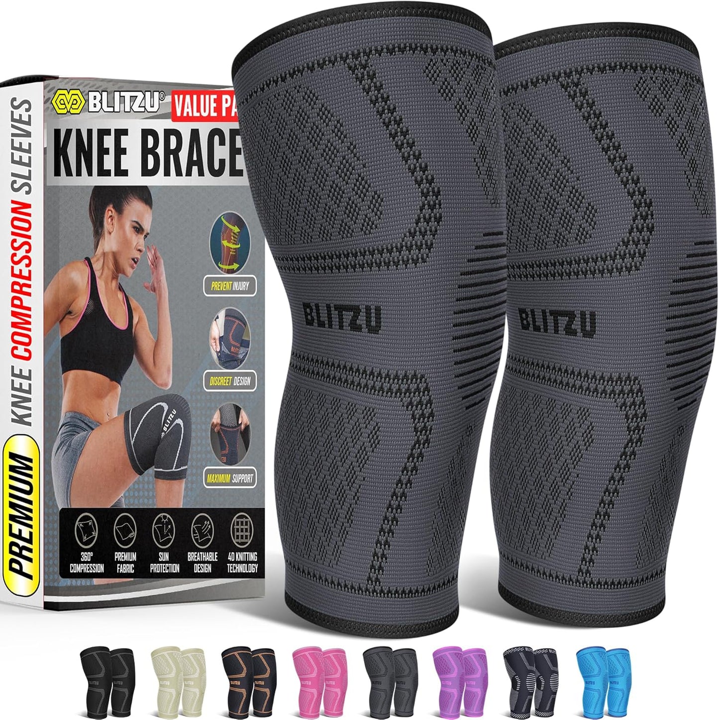 Knee Brace for Meniscus Tear 2 Pack, Knee Compression Sleeve for Men and Women, Knee Support for Arthritis, Swelling, Inflammation, ACL, Pain Relief, Running, Workout, Sports and Recovery Black L