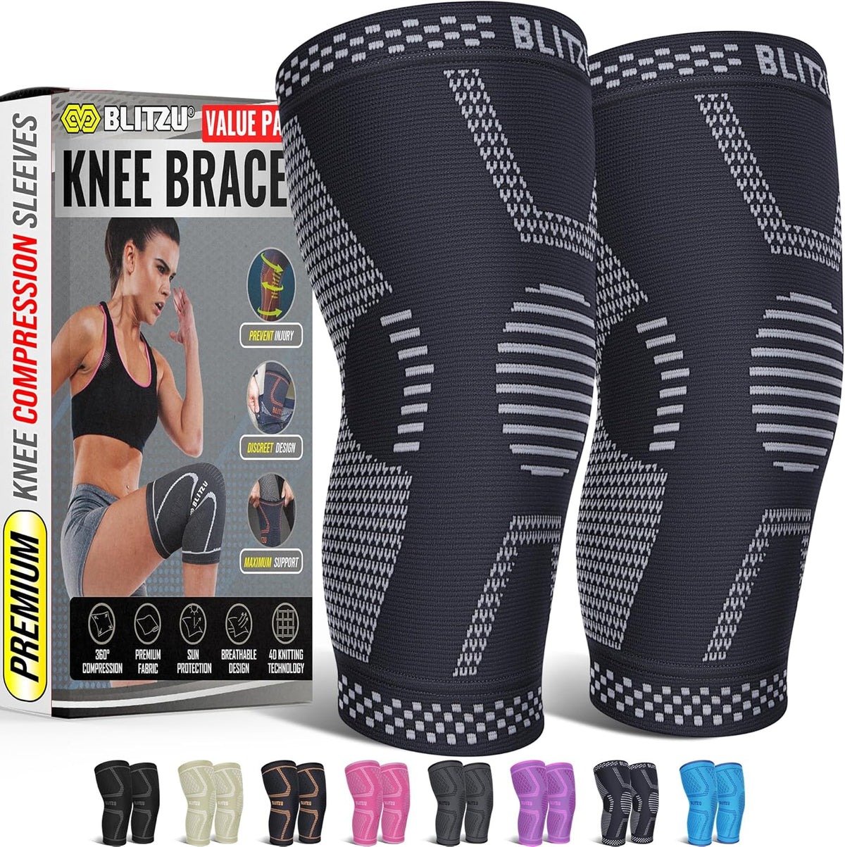 Knee Brace for Meniscus Tear 2 Pack, Knee Compression Sleeve for Men and Women, Knee Support for Arthritis, Swelling, Inflammation, ACL, Pain Relief, Running, Workout, Sports and Recovery Black L