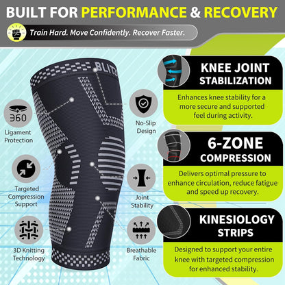 Knee Brace for Meniscus Tear 2 Pack, Knee Compression Sleeve for Men and Women, Knee Support for Arthritis, Swelling, Inflammation, ACL, Pain Relief, Running, Workout, Sports and Recovery Black L