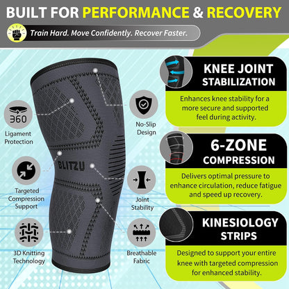 Knee Brace for Meniscus Tear 2 Pack, Knee Compression Sleeve for Men and Women, Knee Support for Arthritis, Swelling, Inflammation, ACL, Pain Relief, Running, Workout, Sports and Recovery Black L