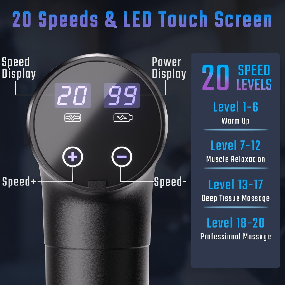 Massage Gun Deep Tissue, Muscle Massage Gun with 9 Attachment Heads 20 Speeds & Silent Brushless Motor for Pain Relief, Handheld Percussion Back Massager Gun, Ideal Gift for Mom/Dad(Black)