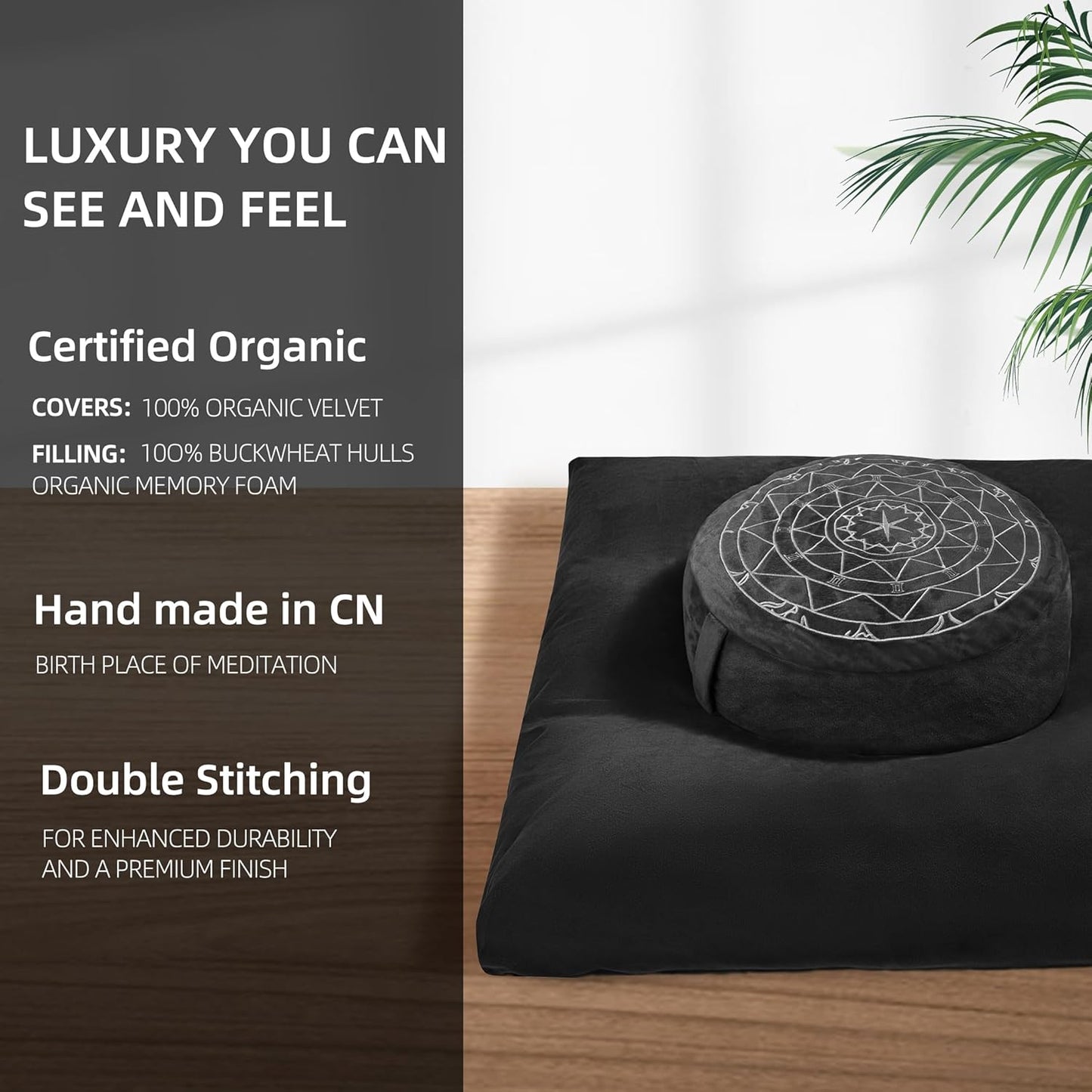 Zafu & Zabuton Meditation Cushion Set - Buckwheat Hull & Memory Foam Pillows, Ergonomic Support for Yoga, Mindfulness - Organic Velvet Cover, Large Size, Purple