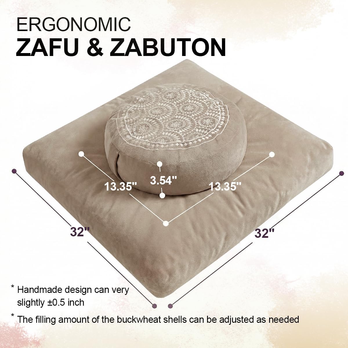 Zafu & Zabuton Meditation Cushion Set - Buckwheat Hull & Memory Foam Pillows, Ergonomic Support for Yoga, Mindfulness - Organic Velvet Cover, Large Size, Purple