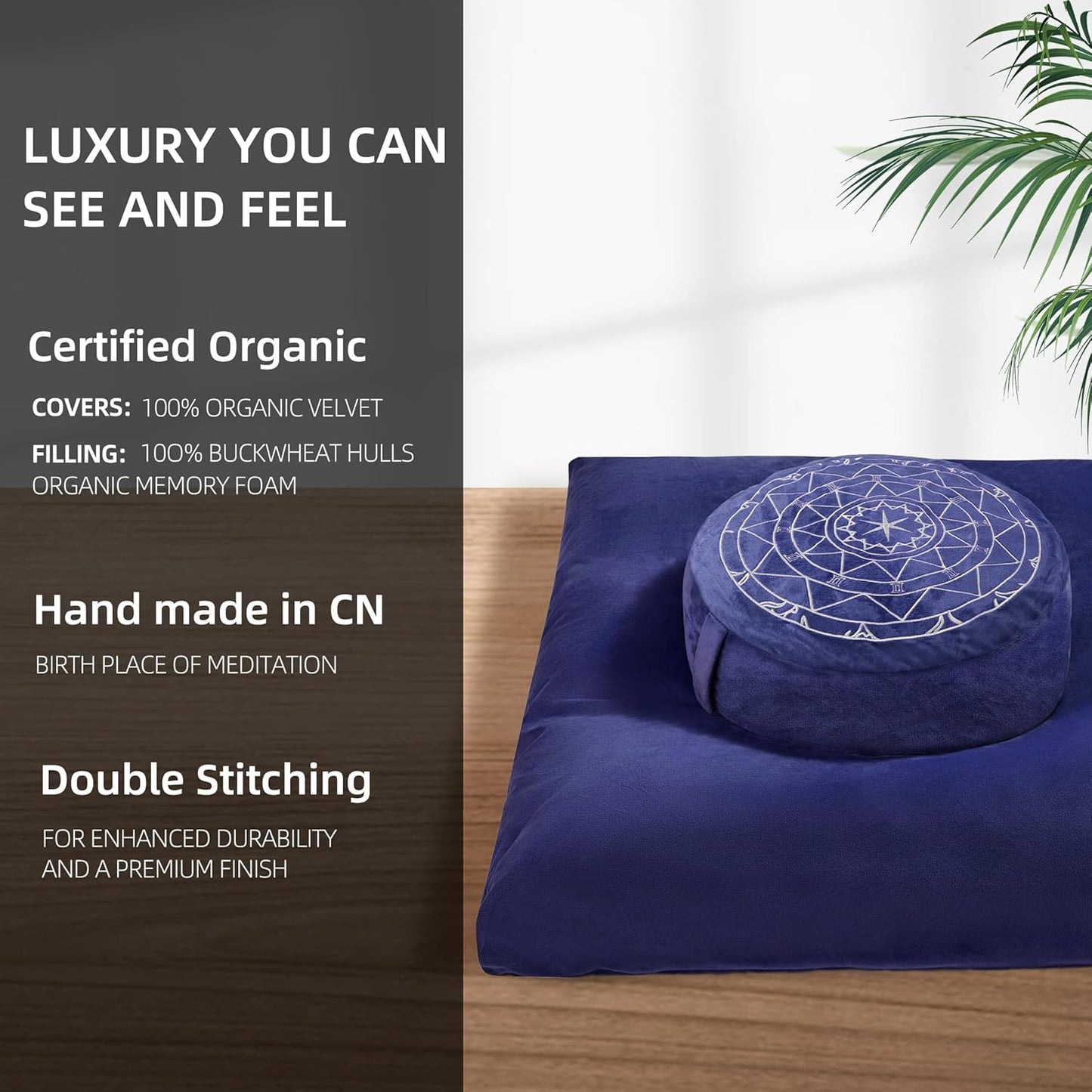 Zafu & Zabuton Meditation Cushion Set - Buckwheat Hull & Memory Foam Pillows, Ergonomic Support for Yoga, Mindfulness - Organic Velvet Cover, Large Size, Purple