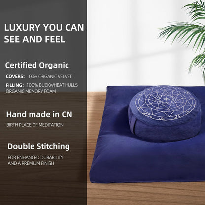 Zafu & Zabuton Meditation Cushion Set - Buckwheat Hull & Memory Foam Pillows, Ergonomic Support for Yoga, Mindfulness - Organic Velvet Cover, Large Size, Purple