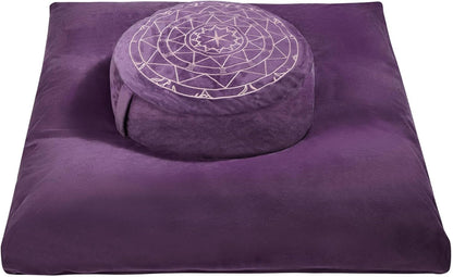 Zafu & Zabuton Meditation Cushion Set - Buckwheat Hull & Memory Foam Pillows, Ergonomic Support for Yoga, Mindfulness - Organic Velvet Cover, Large Size, Purple