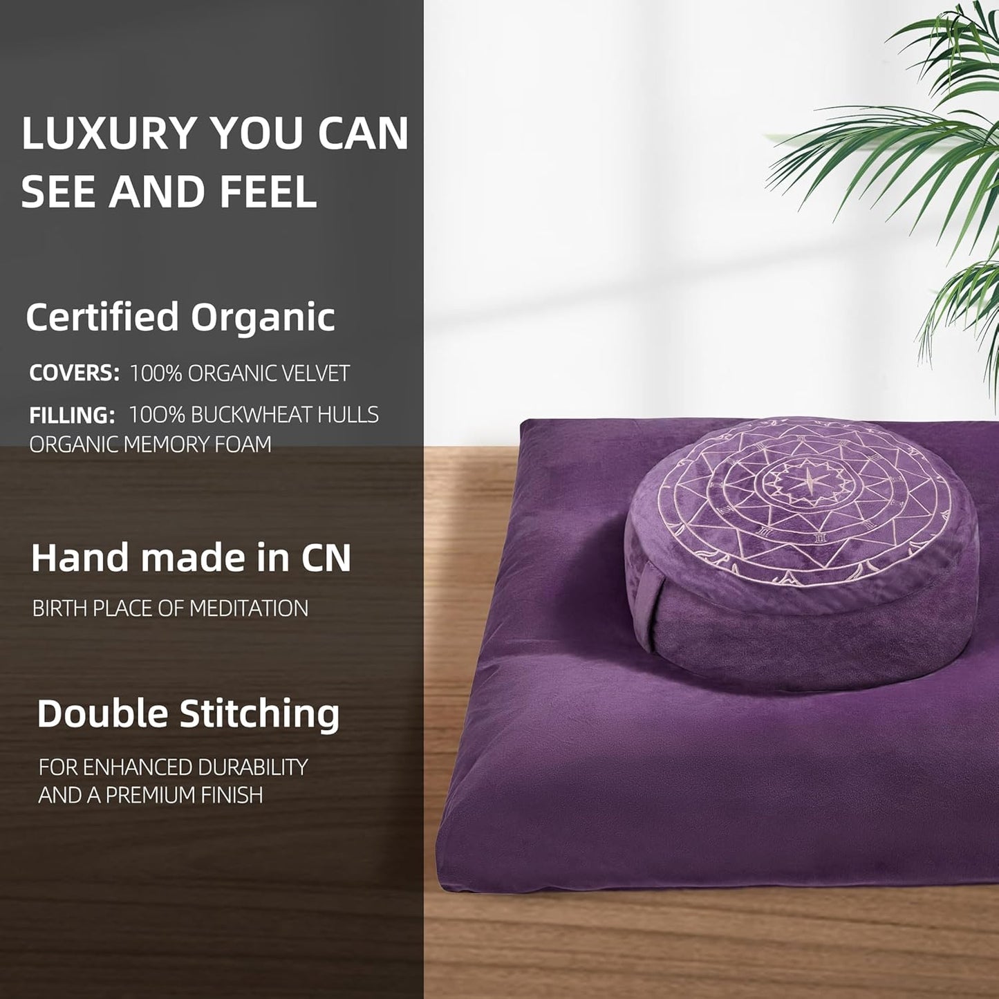 Zafu & Zabuton Meditation Cushion Set - Buckwheat Hull & Memory Foam Pillows, Ergonomic Support for Yoga, Mindfulness - Organic Velvet Cover, Large Size, Purple