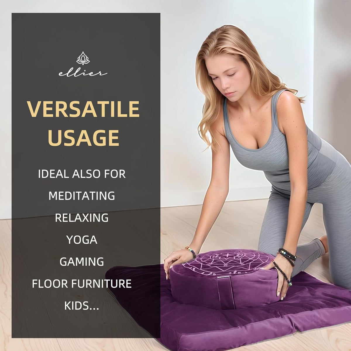 Zafu & Zabuton Meditation Cushion Set - Buckwheat Hull & Memory Foam Pillows, Ergonomic Support for Yoga, Mindfulness - Organic Velvet Cover, Large Size, Purple