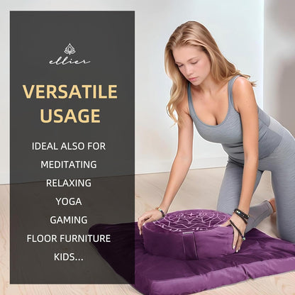 Zafu & Zabuton Meditation Cushion Set - Buckwheat Hull & Memory Foam Pillows, Ergonomic Support for Yoga, Mindfulness - Organic Velvet Cover, Large Size, Purple